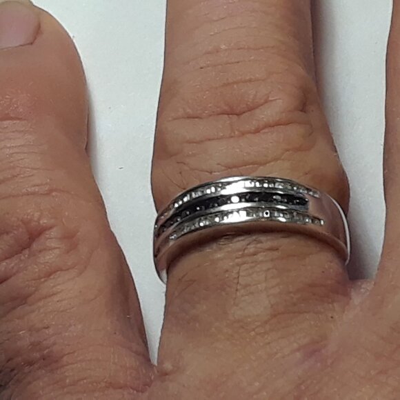 .42ctw Black &White Diamond Gents 3Row Channel Sterling Silver S-10.5 Band#19947 - Picture 5 of 5